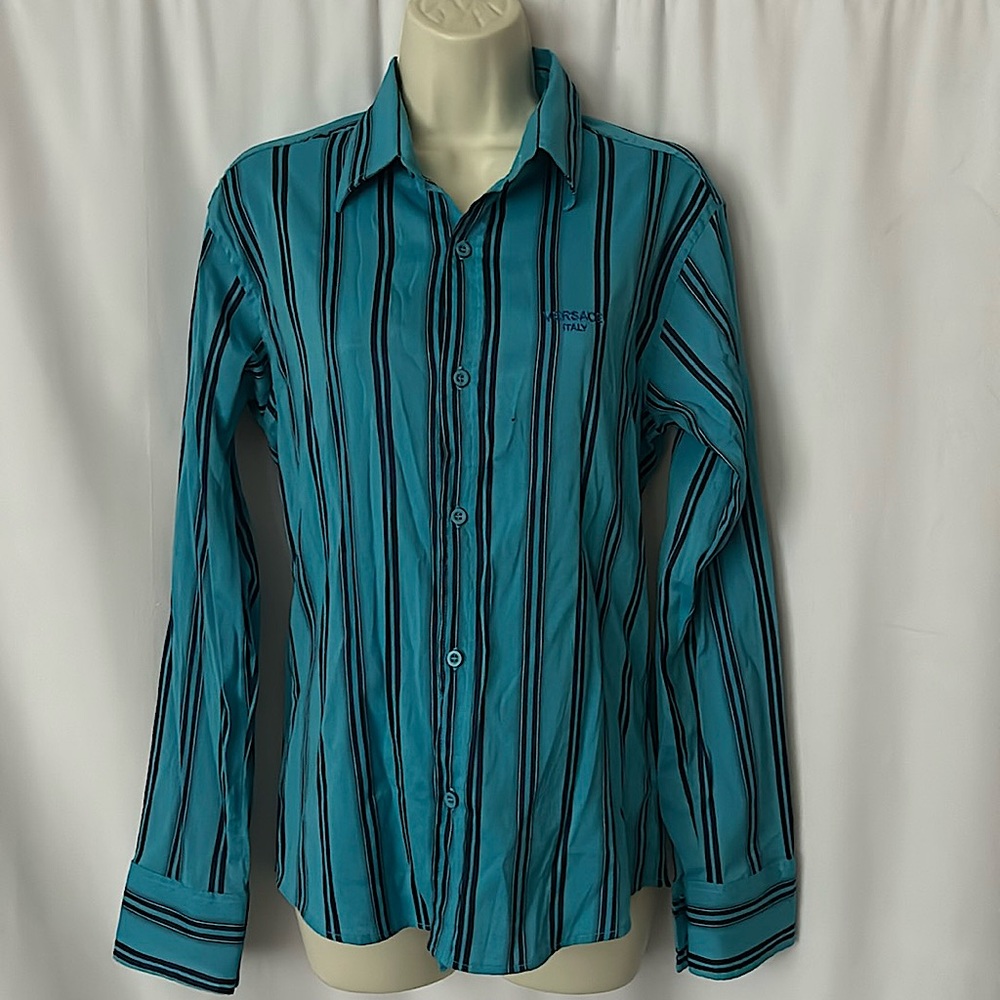Versace Sport Blue Striped Long Sleeve Button Front Shirt Top **Size M**
